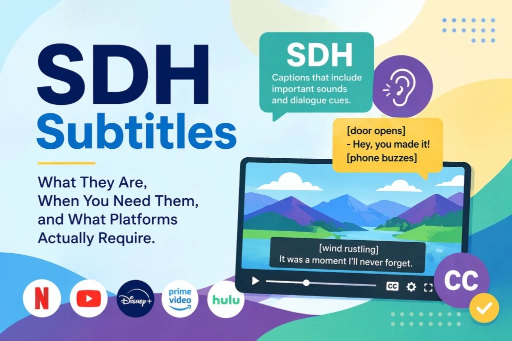 Professional subtitler working on SDH subtitles for deaf and hard of hearing viewers on computer screen in New York City post-production studio