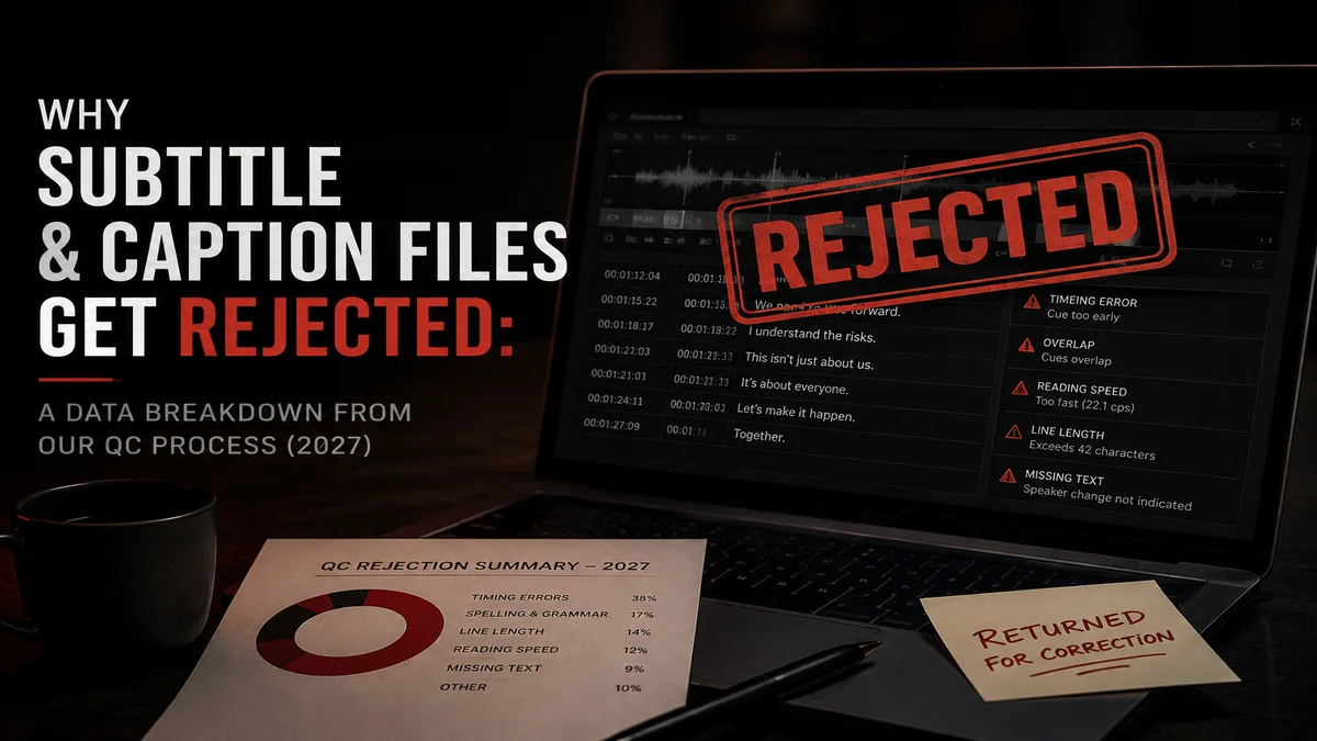 Chart showing the top reasons subtitle and caption files are rejected: 60% character limits, 20% reading speed, 15% missing descriptions, 5% translation issues